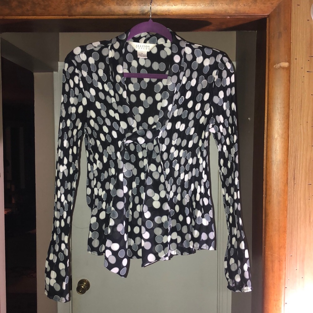 Black, grey, white polka dot blouse. Size medium